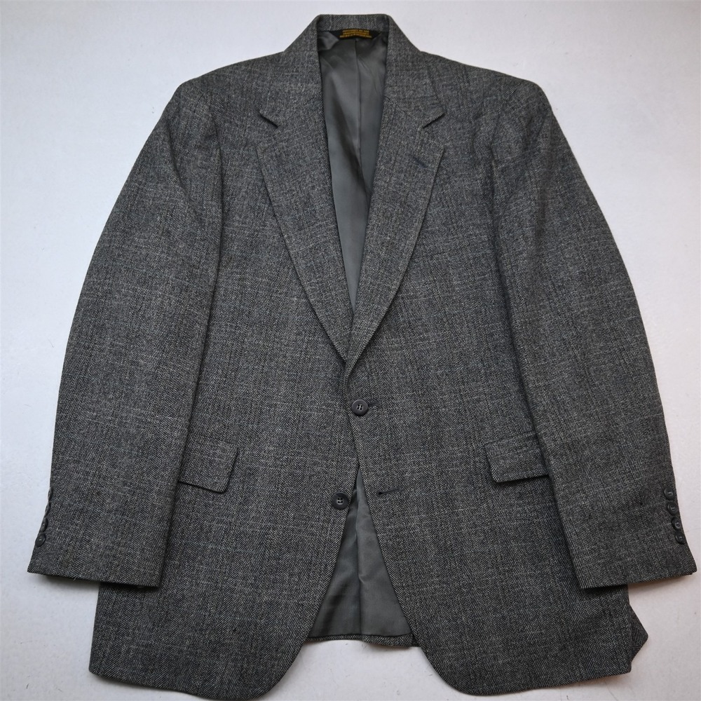 Vtg USA 44R Gray Herringbone Windowpane Wool Tweed Blazer Suit Jacket Sport Coat